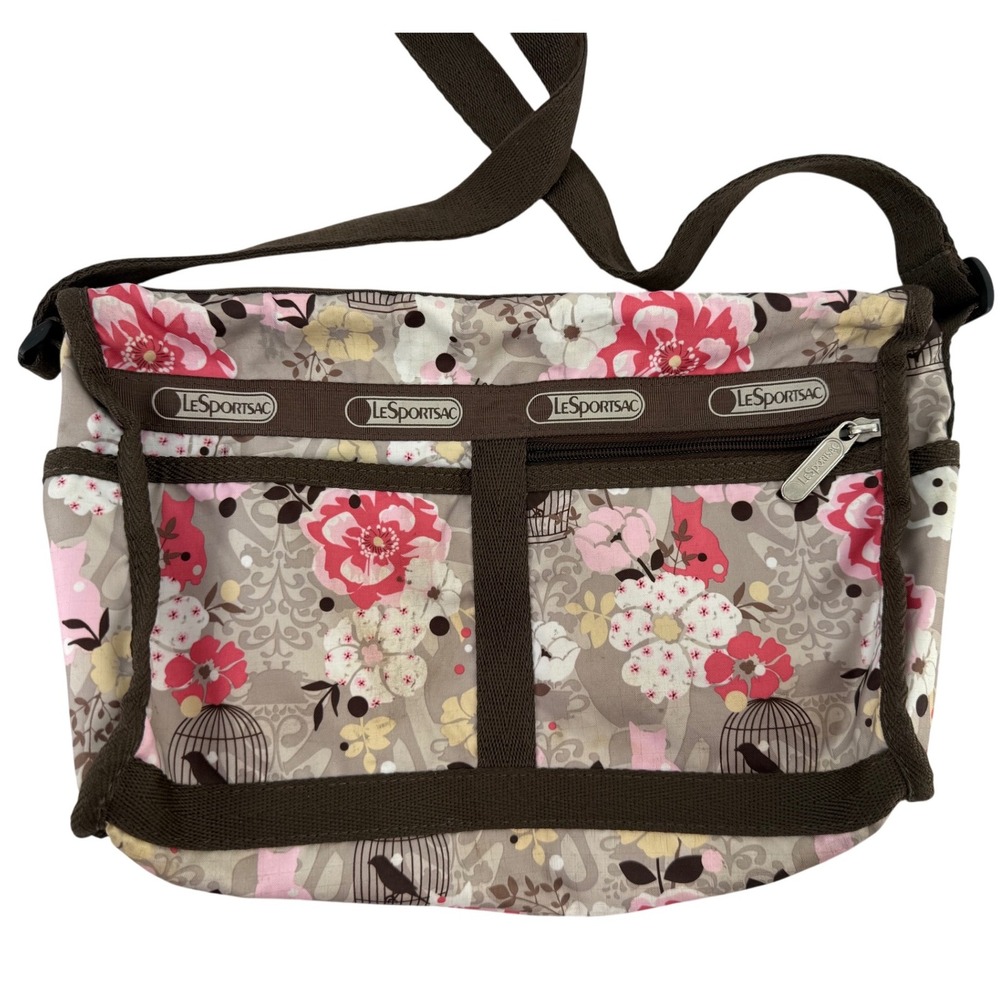 LeSportsac Crossbody Bag Floral Birdcage Cat Pattern Brown Strap Adjustable